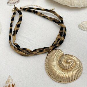 Large Gold Sea Shell Pendant Necklace w/ Leopard Fabric Tie Bold & Beachy Style